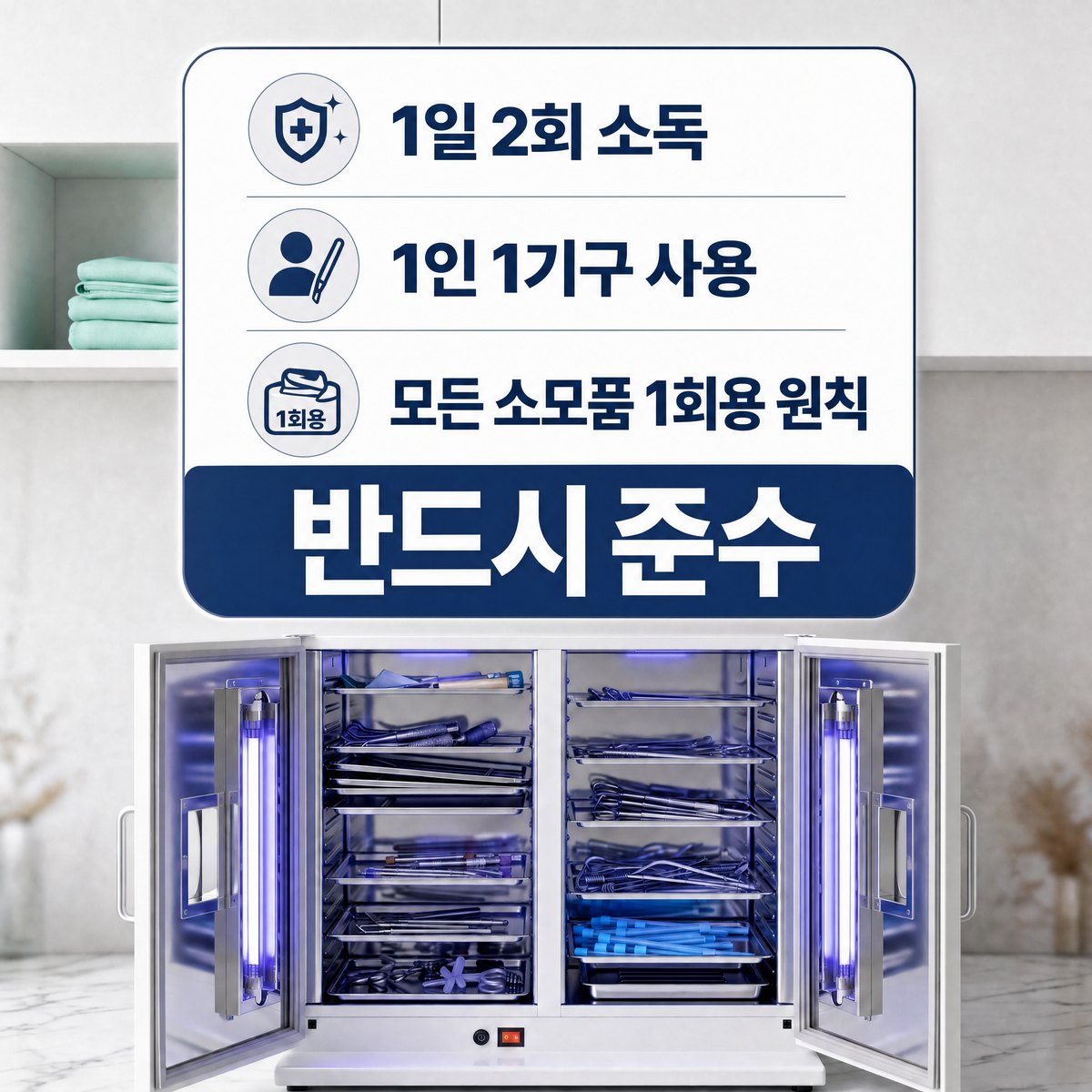 병점홍치과 위생 원칙. 1일 2회 소독, 1인 1기구 사용, 모든 소모품 1회용 원칙을 반드시 준수합니다.